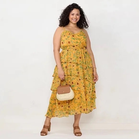 LC Lauren Conrad Dresses & Skirts - LC Lauren Conrad Strappy Tiered Yellow Sunflower Midi Dress Womens XL Floral